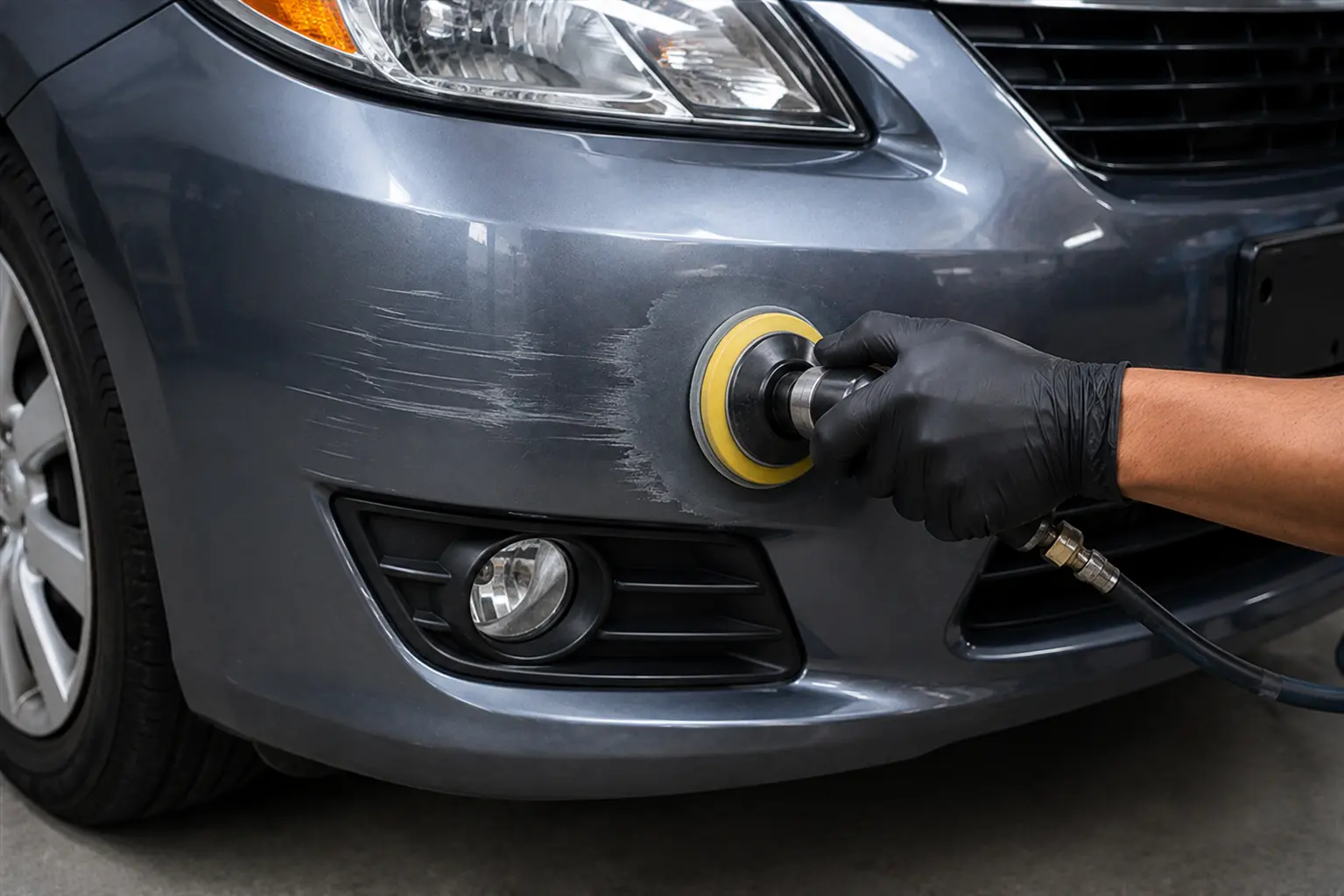 Front bumper and headlight of a dark grey car