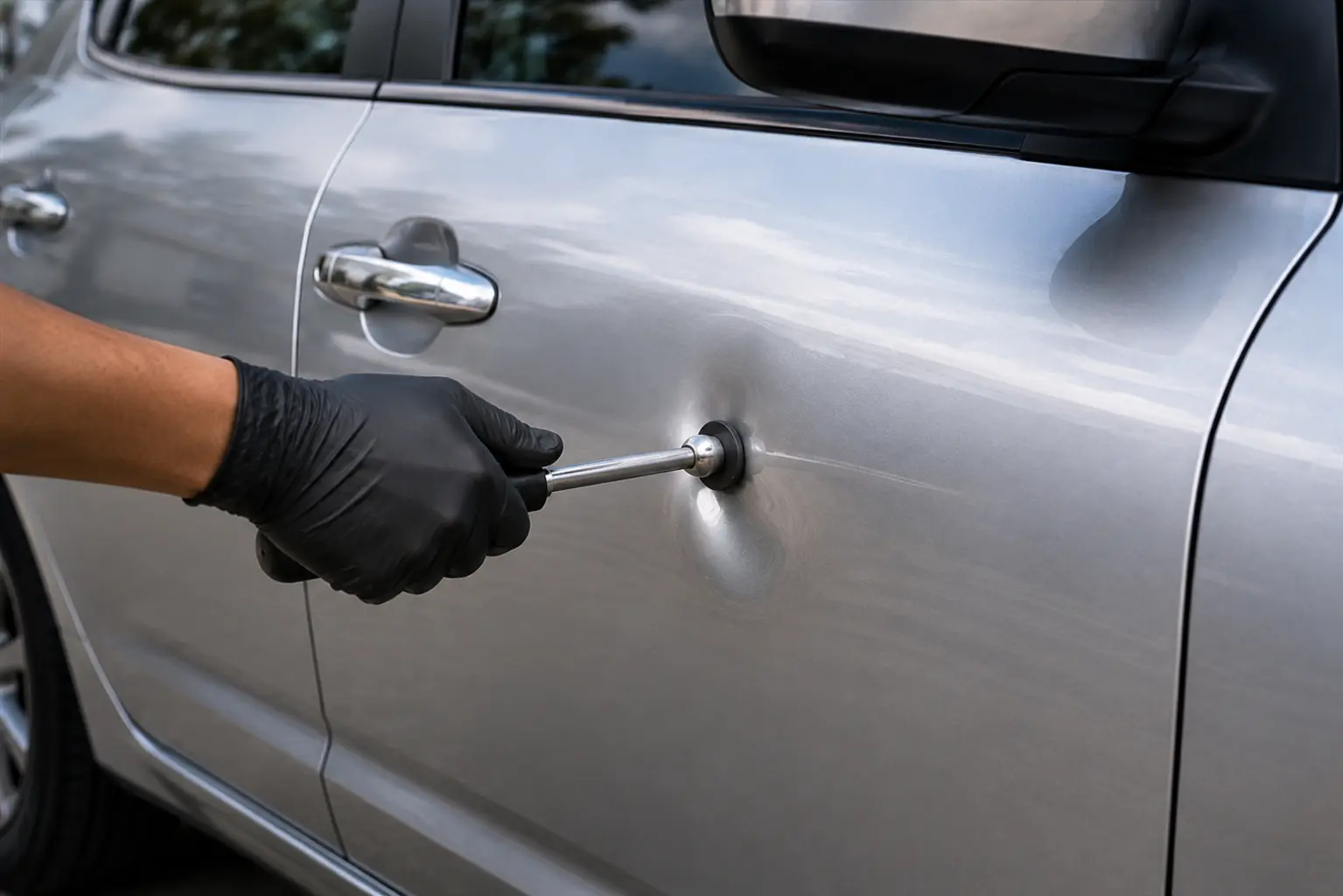 Small door ding dent on a silver car door