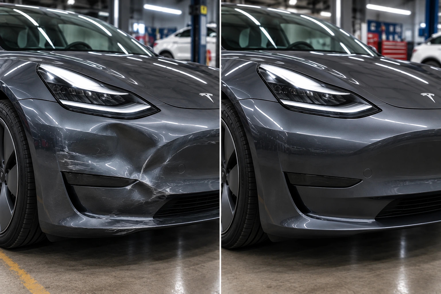 Tesla bumper dent repair before and after — DentFixes.com
